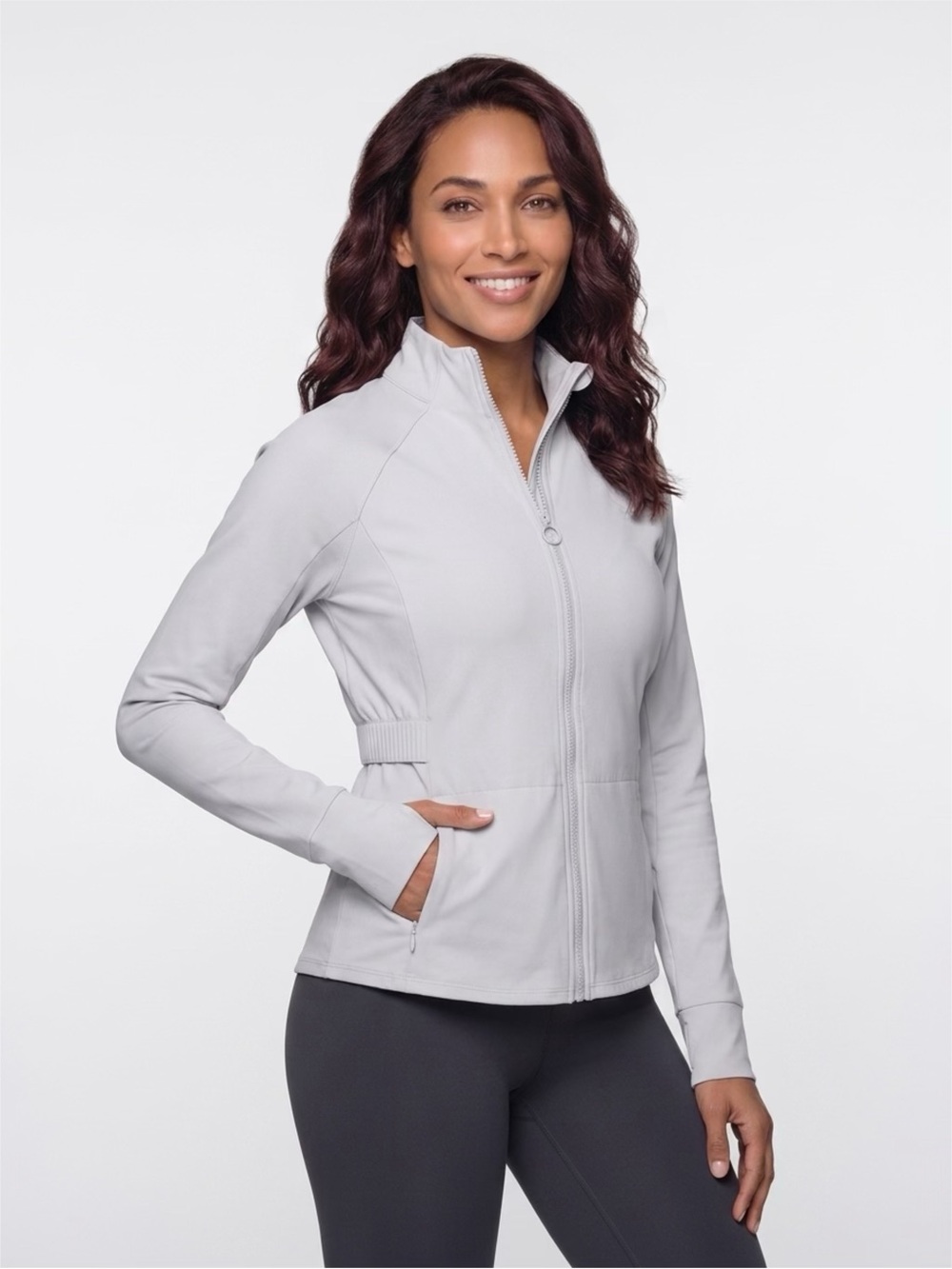 Fabletics Trinity Performance Jacket Full Zip Light Grey Activewear Women Sz XL